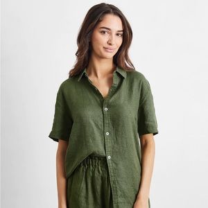 Bed Threads Olive Green Linen Button Down Short Sleeve Shirt